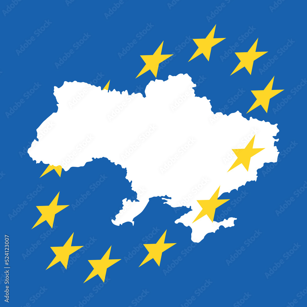 Map of Ukraine and stars forming circle around it in ukrainian flag colors. Uniting with European Union. European support during 2022 Russian invasion of Ukraine. Vector illustration.