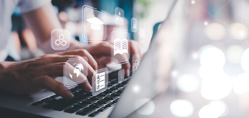 Concept of Online education. man use Online education training and e-learning webinar on internet for personal development and professional qualifications. Digital courses to develop new skills.