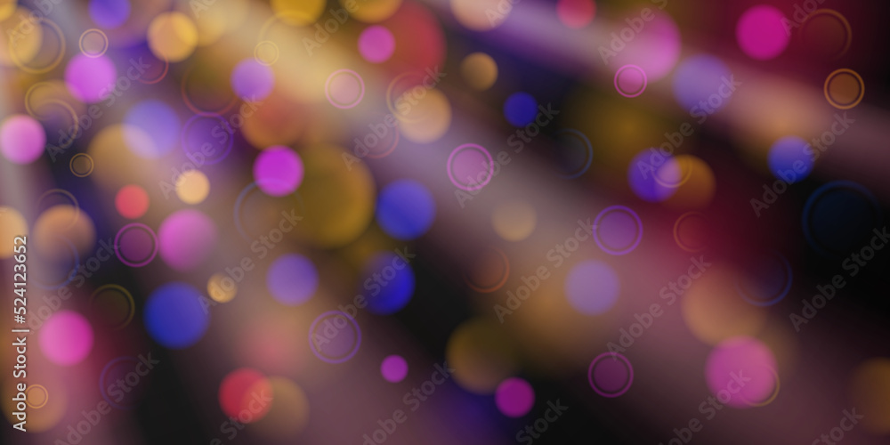 Abstract colored background with diverging rays of light and small translucent circles with bokeh effect