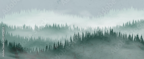 Landscape art background with mountains and hills and forest in fog in a watercolor style. Vector banner for decoration design, wallpaper, packaging, fabric