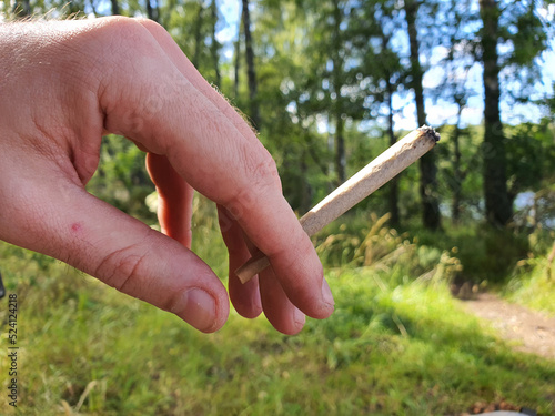 Hand holding a weed or marijuana joint in nature © Cosmin