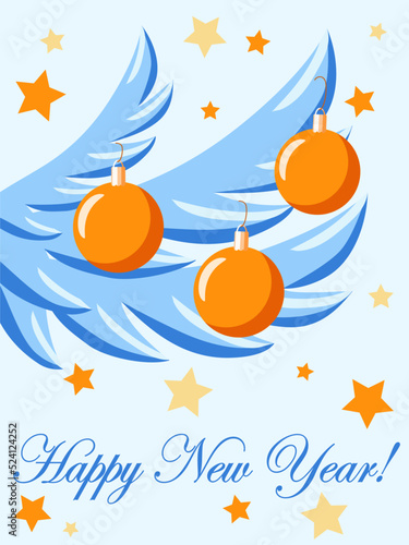 Greeting card with decorated Christmas tree branch and text box.
