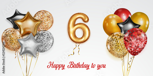 Festive birthday illustration with colored helium balloons, big number 6 golden foil balloon and inscription Happy Birthday on white background