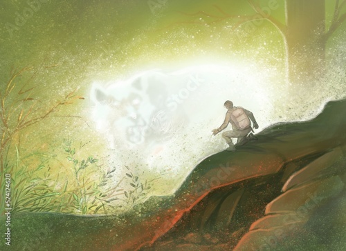 A young man faces a magical beast in the middle of the forest. digital painting, art style illustration.