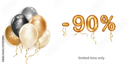 Discount creative illustration with white, black and gold helium flying balloons and golden foil numbers. 90 percent off. Sale poster with special offer on white background