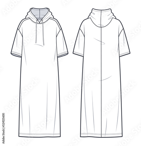 Hooded Tee Dress technical fashion illustration. Oversize Jersey midi Dress fashion flat template, front and back view, white colour, CAD mockup.
