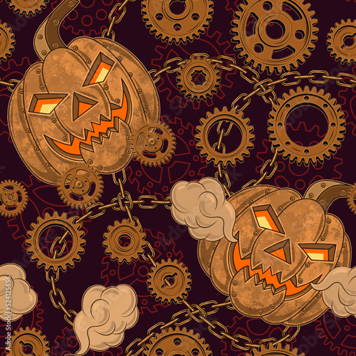Seamless halloween pattern in steampunk style with copper halloween pumpkin, rusty gears, rough chains. Textured dark red background with contour gears wheels. Creative fantasy concept.