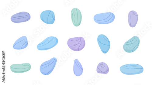 Pebble stones collection. Different beach pebbles shape set. Various forms of smooth rocks. Sea or river pebbles. Vector. 