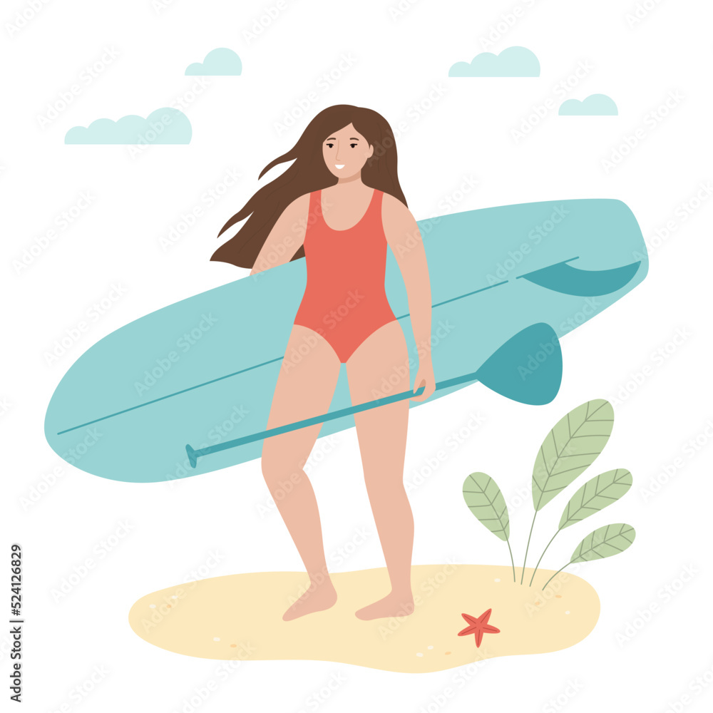 Girl with SUP board. Cartoon flat female character in swimsuit. Surfer woman holding paddle board. Beach vacation. Summer outdoor activity. Vector illustration.