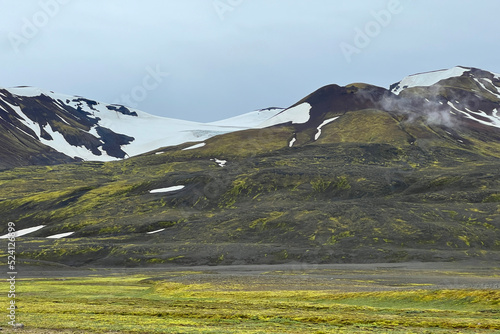 Snow on mountain peaks in the highlands in Iceland