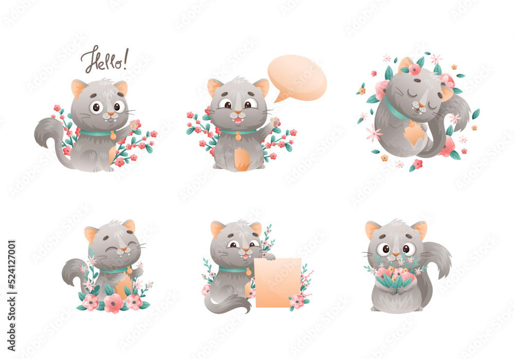 Obraz premium Cute Grey Cat with Neck Collar Sitting in Flowers with Empty Placard and Speech Bubble Vector Set