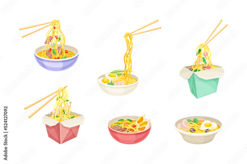 Chinese Soup and Noodle in Bowl and Cardboard Box with Chopsticks Vector Set Chinese Soup and Noodle in Bowl and Cardboard Box with Chopsticks Vector Set