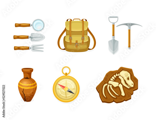 Archeology Tools and Ancient Artifact with Compass, Clay Vase, Fossil and Pickaxe with Trowel Vector Set
