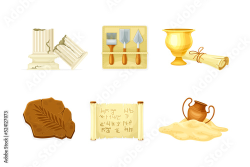 Archeology Tools and Ancient Artifact with Papyrus Scroll, Ruined Column, Amphora in Sand and Cave Drawing Vector Set