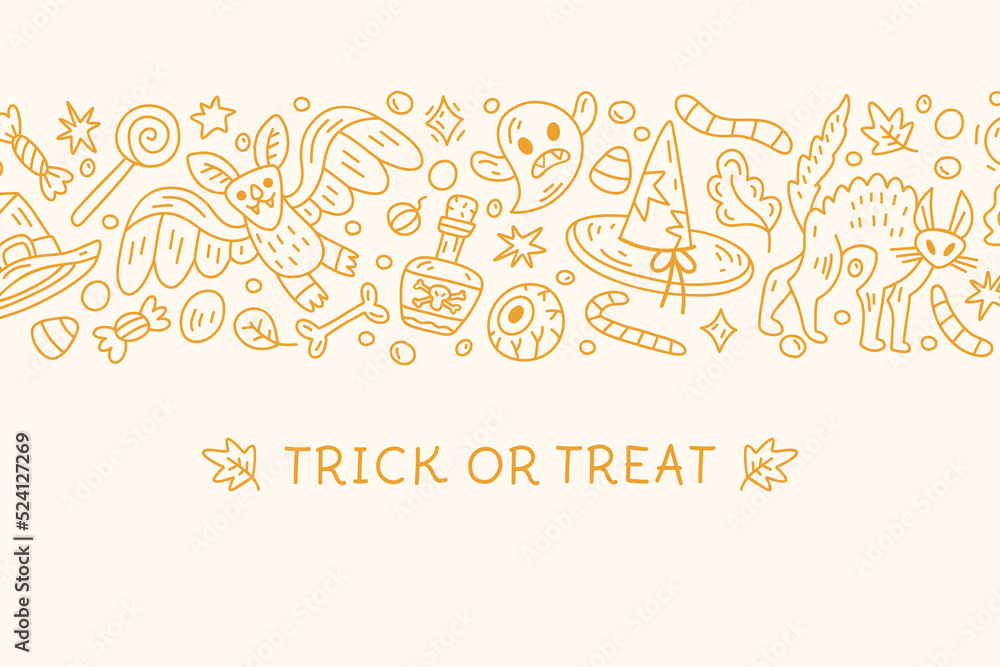 Halloween doodle banner with various celebration decorative elements. Skulls, bats, pumpkins, sweets, ghosts, witch hats, candles, autumn leaves. For mailing, websites, social media and prints