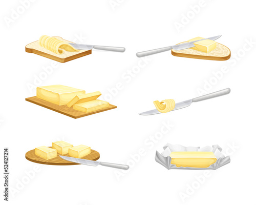 Butter Chunk with Knife Spreading It on Slice of Bread Vector Set