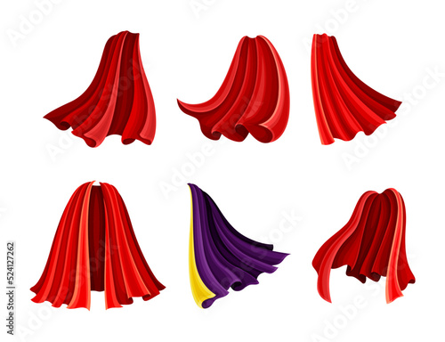 Red Cloak or Cape as Loose Silk Garment Worn Over Clothing Vector Set