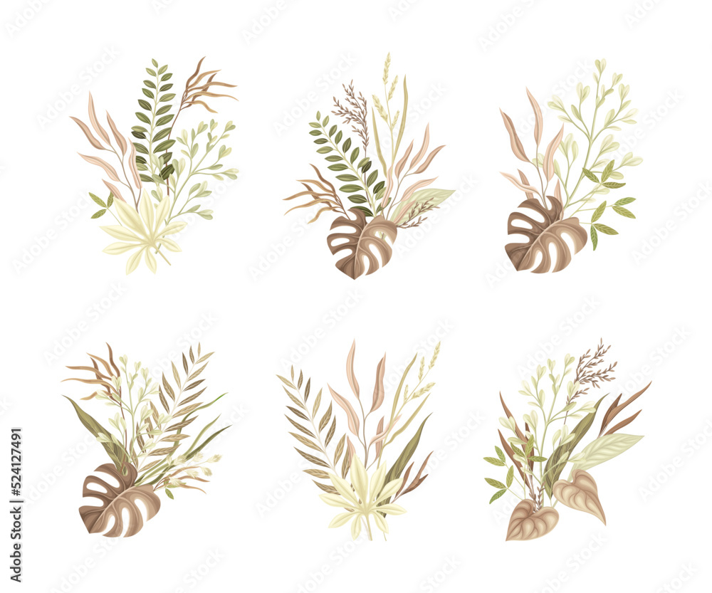 Fototapeta premium Tropical Leaves, Foliage and Flora Botanical Composition and Bouquet Vector Set