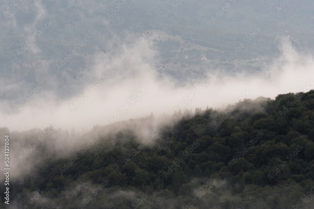 Mgły nad lasami w górach.
