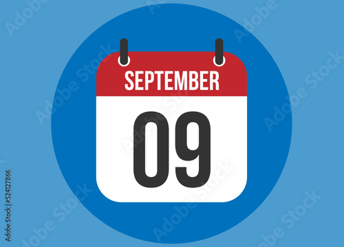 9 September blue calendar vector. Calendar september with circle in background clear.