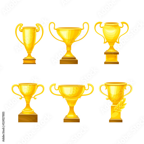 Winner Yellow Cup Award and Trophy on Pedestal for Successful Competition Vector Set