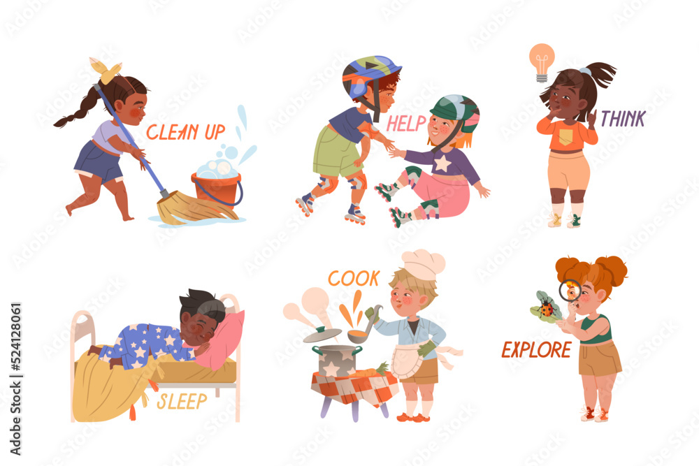 Naklejka premium Funny Kids Engaged in Different Activity Demonstrating Verb Vector Set