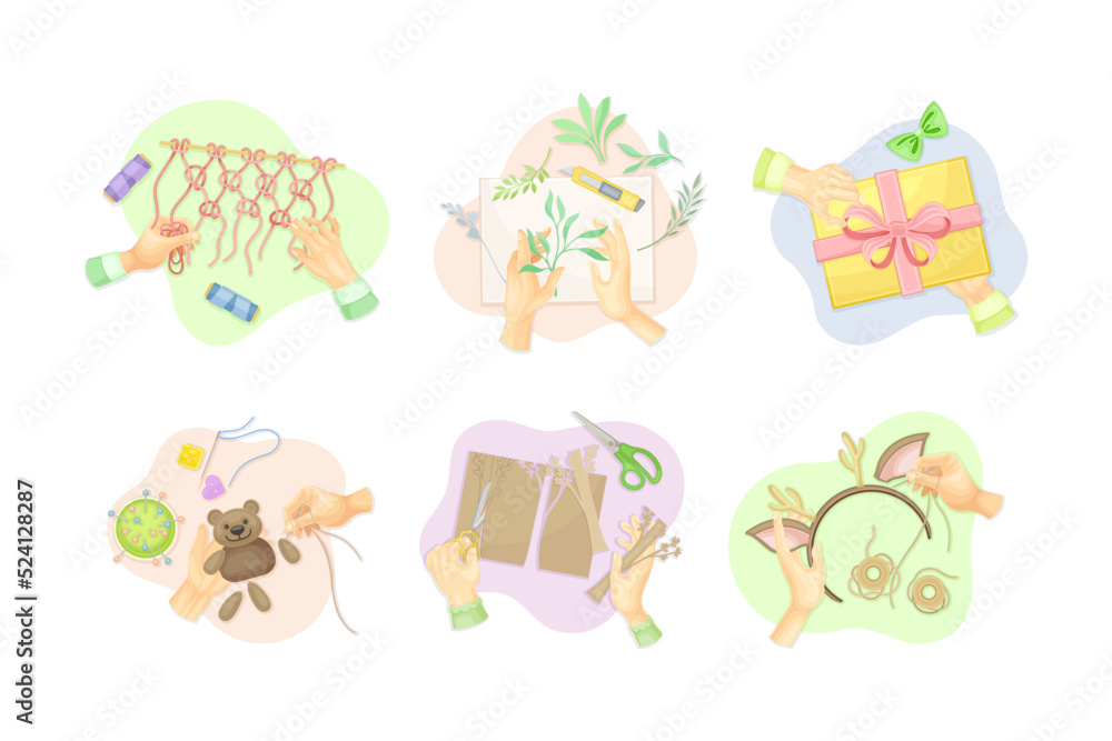 Handcraft with Human Hands Engaged in Needlework, Applique and Crocheting Above View Vector Set
