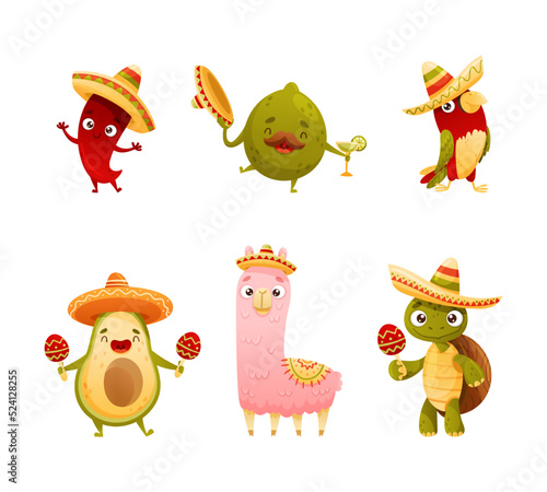 Mexican Culture Symbols with Cute Avocado, Lime, Turtle and Llama in Sombrero Hat Playing Maracas Vector Set