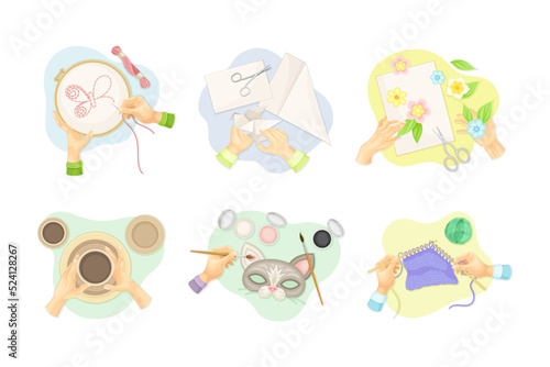 Handcraft with Human Hands Engaged in Tambouring, Origami, Applique, Pottery, Drawing and Crocheting Vector Set