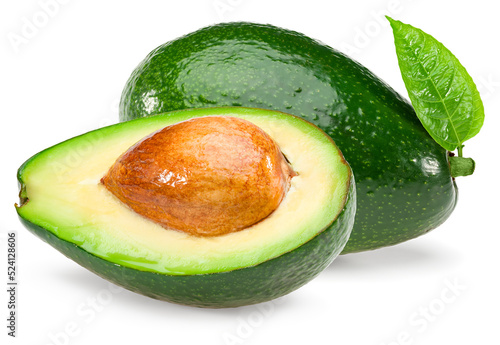sliced fresh avocado with green leaf isolated on white background. clipping path