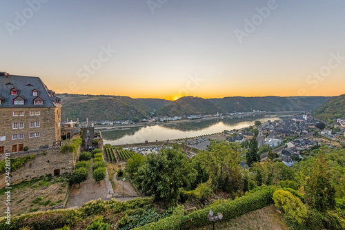 Drone panorama over St. Goar and St. Goarshausen during sunrise