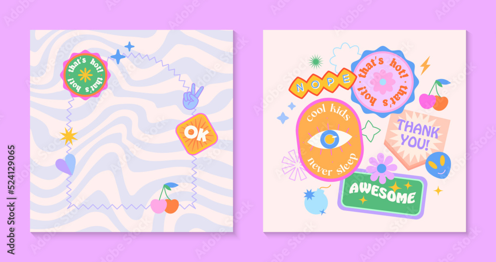 Vector set of cute funny templates with patches and stickers in 90s style.Modern symbols in y2k aesthetic with text.Trendy kidcore designs for banners,social media marketing,branding,packaging,covers Vector set of cute funny templates with patches and stickers in 90s style.Modern symbols in y2k aesthetic with text.Trendy kidcore designs for banners,social media marketing,branding,packaging,covers