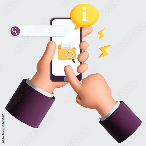 3d vector man office hands hold phone and search information in database. Searching text files, online document, info in internet, image or video file. File system management concept. 