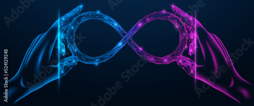 Hands hold the symbol of the infinity of the metaverse. Transition to digital virtual space. Low-poly design of interconnected lines and dots.