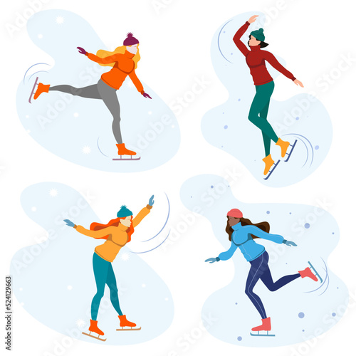 girls skating on ice in winter in a blue,green, orange hat on a blue background