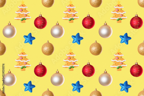 Seamless New Year s pattern from Christmas tree toy in form of spruce tree made of cookies  red  white  golden balls  blue stars on yellow background diagonally