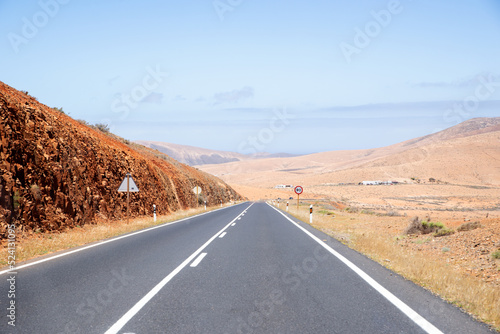 Scenic View of a Highway on a Desert Landscape in Fuerteventura, Canary Island.Copy Space