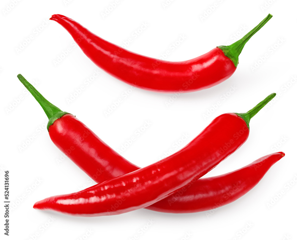 red hot chili peppers isolated on white background top view. clipping path