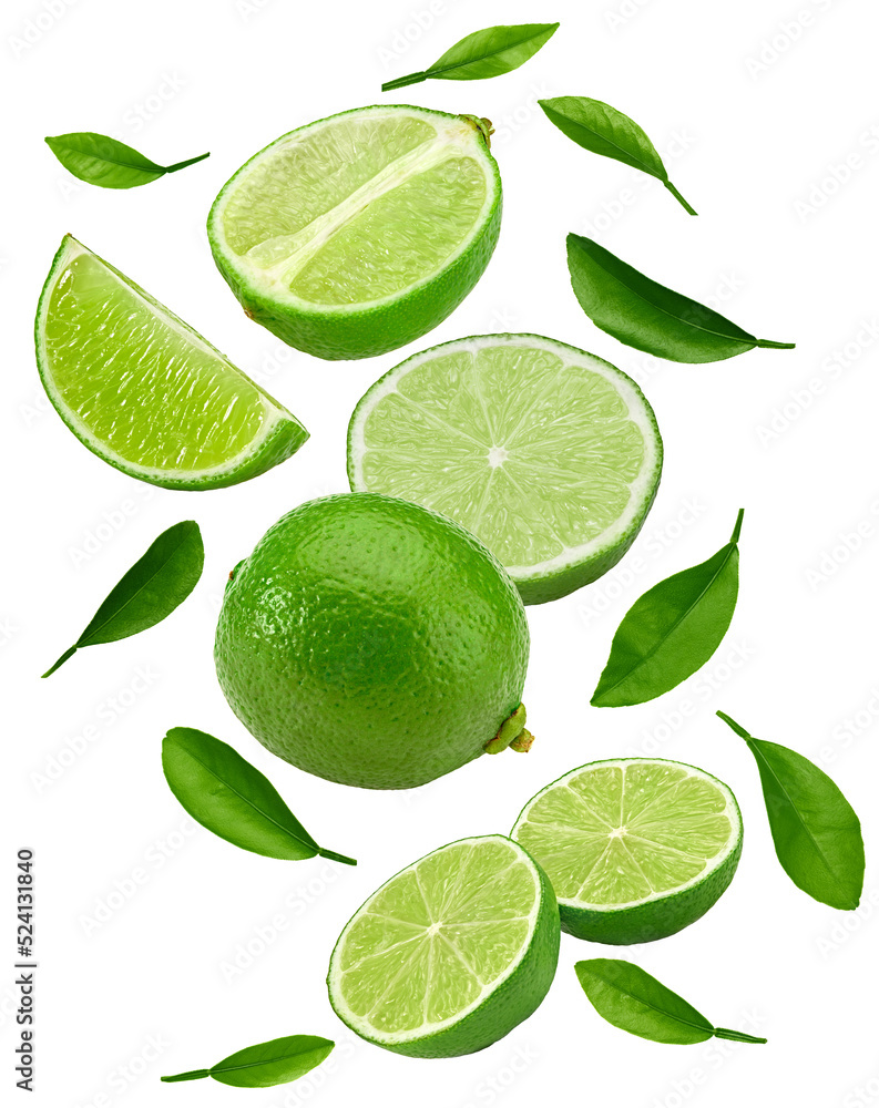 flying green limes with green leaves  isolated on white background. clipping path
