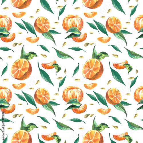 Mandarin. Watercolor seamless pattern. White background