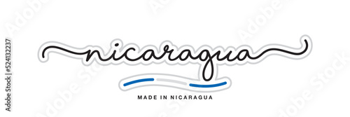 Made in Nicaragua, new modern handwritten typography calligraphic logo sticker, abstract Nicaragua flag ribbon banner