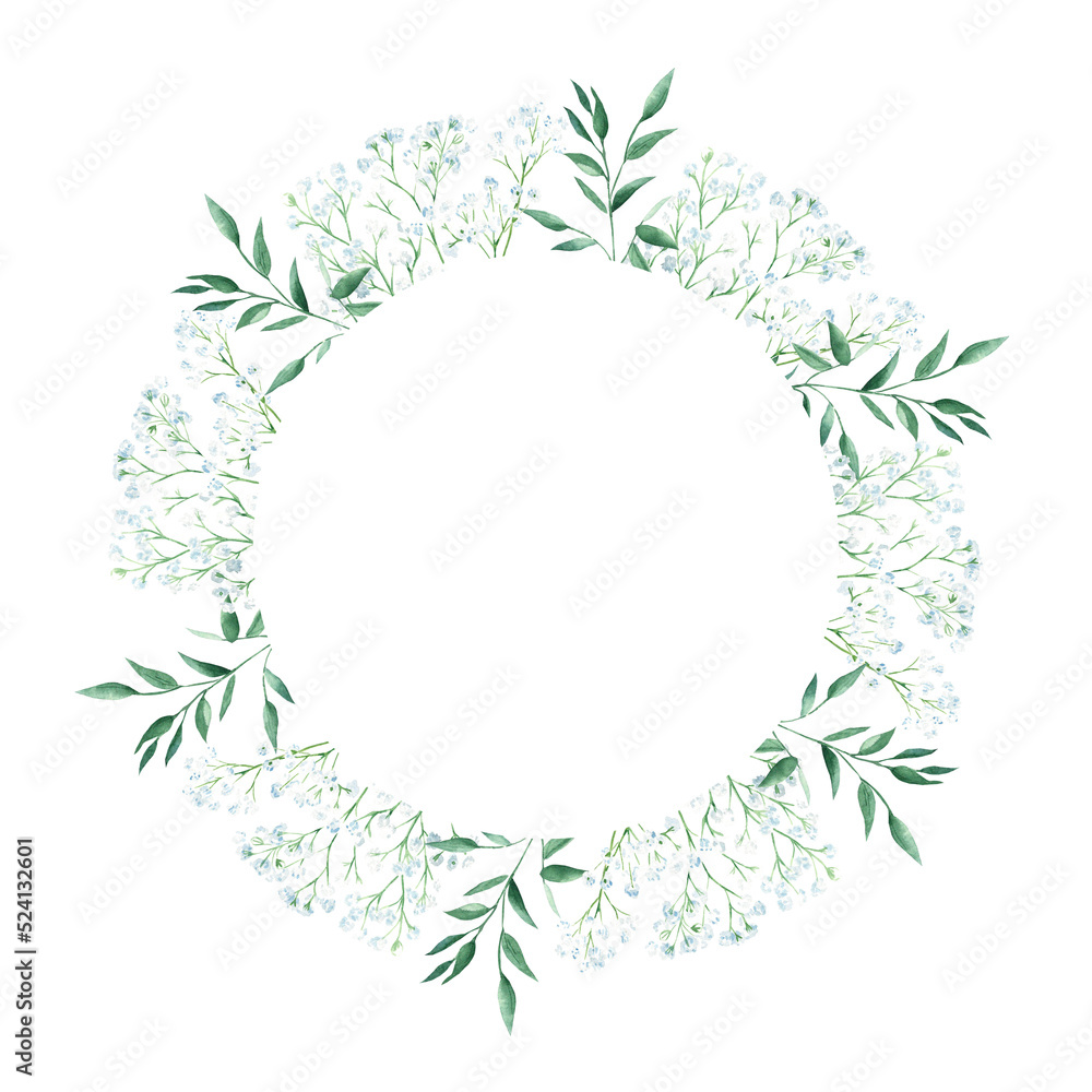Watercolor circle frame isolated on white background. Rustic greenery, gypsophila twigs and pistachio branches. Hand drawn botanical illustration. Ideal for stationery, wedding invitations, save the