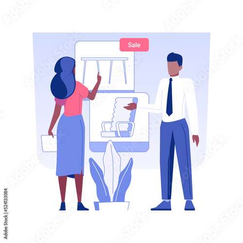 Office furniture dealer isolated concept vector illustration. Woman chooses furniture in office dealer, distributorship agreement, select chair and table, managers consulting vector concept.