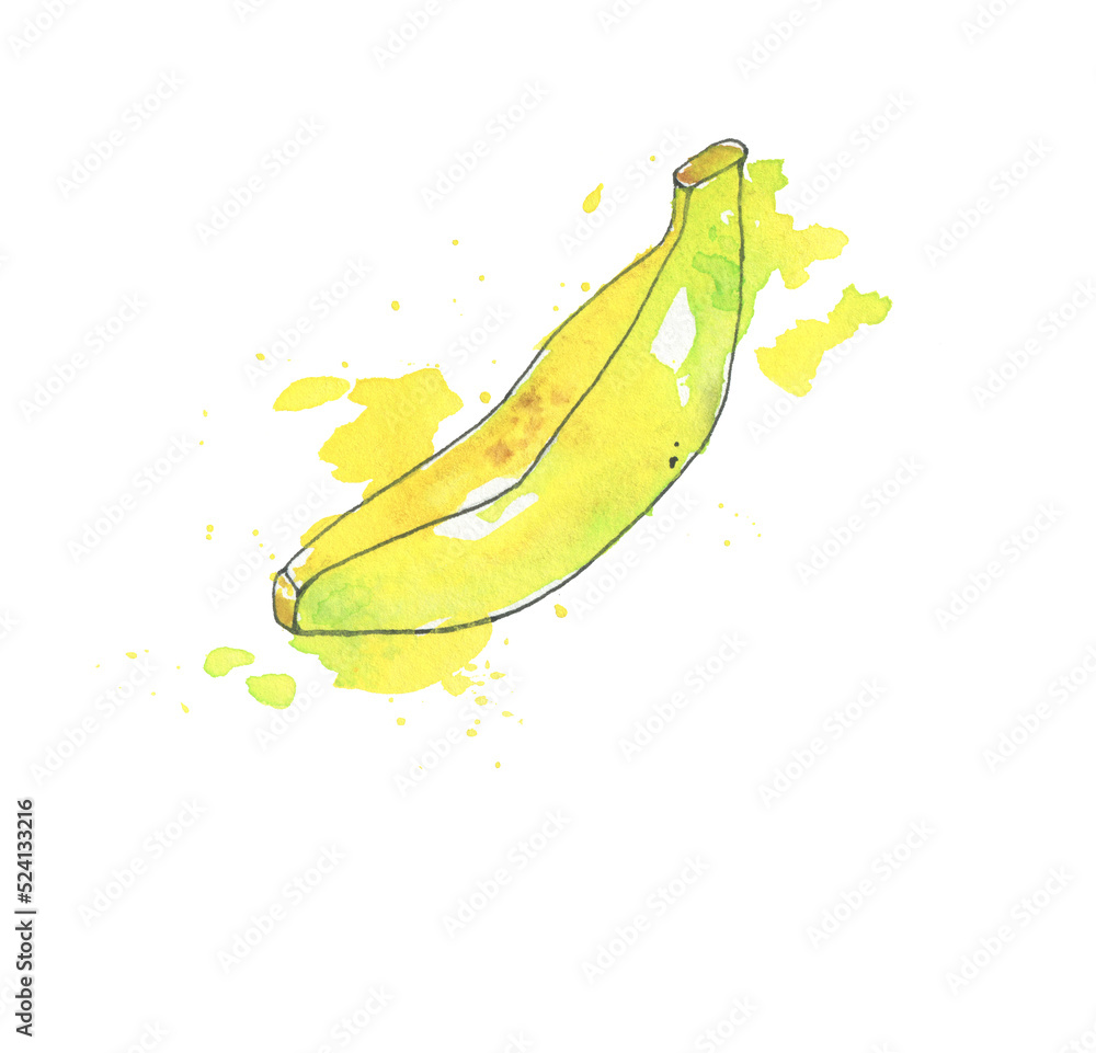 Watercolor illustrations bananas isolated on white background. Fruit. Hand drawing. Yellow watercolor splatter. Vegetarian food. Beautiful illustration.