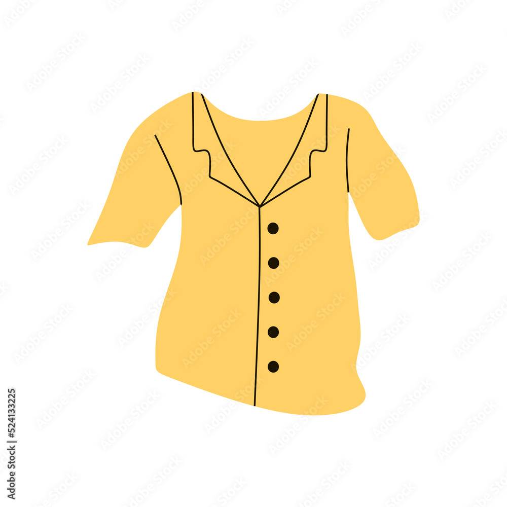 Summer blouse with short sleeves and buttons. Fashion women clothes. Modern girls apparel, shirt. Trendy female wearing, garment. Flat vector illustration isolated on white background Summer blouse with short sleeves and buttons. Fashion women clothes. Modern girls apparel, shirt. Trendy female wearing, garment. Flat vector illustration isolated on white background
