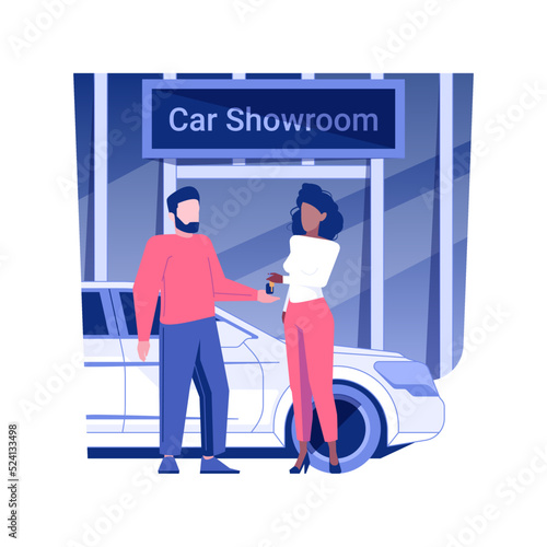 Car leasing isolated concept vector illustration. Car dealer giving keys from new car to customer, transport leasing services, distributorship company, successful deal vector concept.