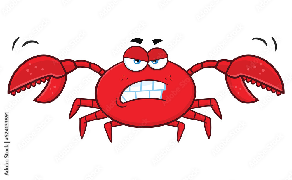 Angry Crab Cartoon Mascot Character. Hand Drawn Illustration Isolated