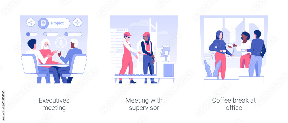 Office life isolated concept vector illustration set. Executives meeting with supervisor, coffee break at office, new project discussion and brainstorming, employee teambuilding vector cartoon.