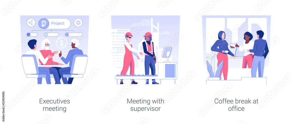 Office life isolated concept vector illustration set. Executives meeting with supervisor, coffee break at office, new project discussion and brainstorming, employee teambuilding vector cartoon. Office life isolated concept vector illustration set. Executives meeting with supervisor, coffee break at office, new project discussion and brainstorming, employee teambuilding vector cartoon.