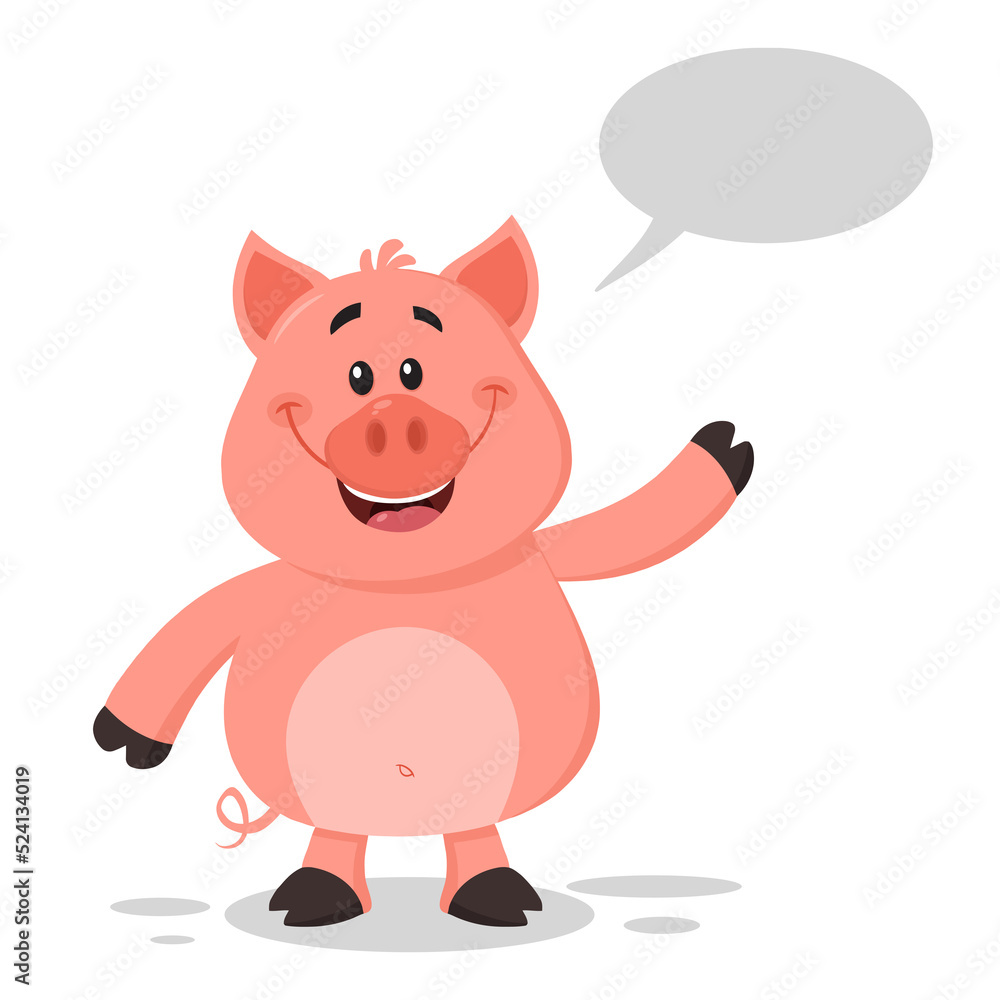 Fototapeta premium Happy Pig Cartoon Character Waving For Greeting. Hand Drawn Illustration Isolated On Transparent Background 